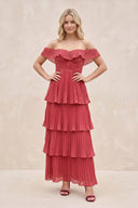 Tiered Ruffled Off-the-Shoulder Pleated Maxi Dress in Merlot – SHE IS ME Dresses