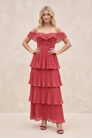 Tiered Ruffled Off-the-Shoulder Pleated Maxi Dress in Merlot – SHE IS ME Dresses