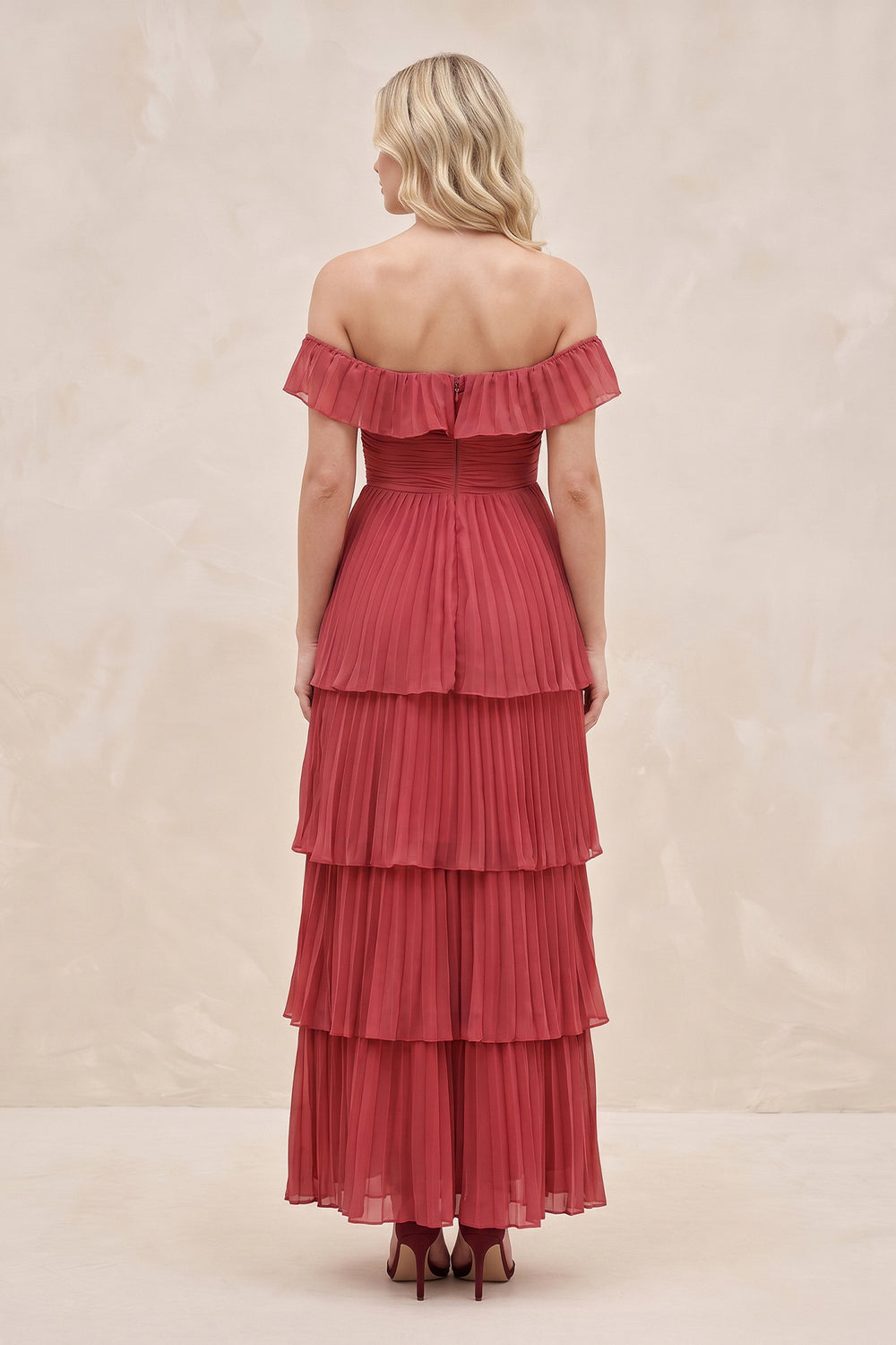Tiered Ruffled Off-the-Shoulder Pleated Maxi Dress in Merlot – SHE IS ME Dresses