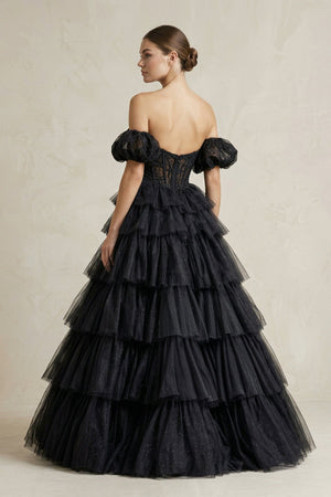 Tiered Tulle Off - the - Shoulder Ball - Gown Wedding Dress in Black - SHE IS ME Wedding Dresses