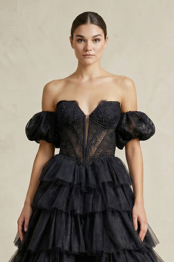 Tiered Tulle Off - the - Shoulder Ball - Gown Wedding Dress in Black - SHE IS ME Wedding Dresses