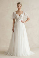 Tulle Lace A - Line V - Neck Wedding Dress With Sleeve in White - SHE IS ME Wedding Dresses