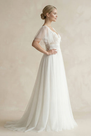 Tulle Lace A - Line V - Neck Wedding Dress With Sleeve in White - SHE IS ME Wedding Dresses