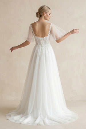 Tulle Lace A - Line V - Neck Wedding Dress With Sleeve in White - SHE IS ME Wedding Dresses