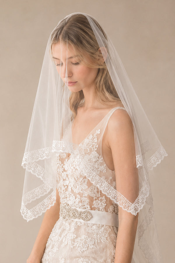 Tulle Lace Hemline Wedding Veils in Ivory - SHE IS ME Wedding Veils