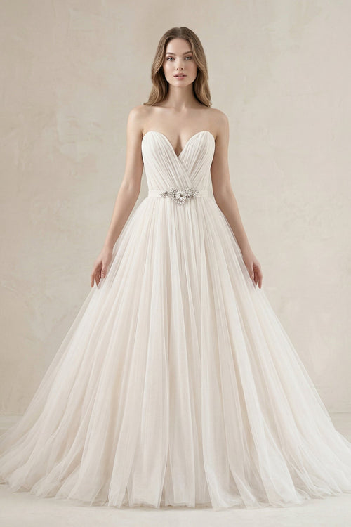 Tulle Sweetheart A - Line Pleated Wedding Gown in Ivory - SHE IS ME Wedding Dresses