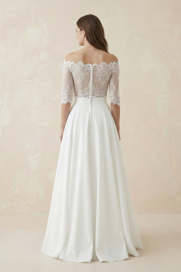 Two Piece A Line Satin Wedding Dress With Lace in Ivory - SHE IS ME Wedding Dresses