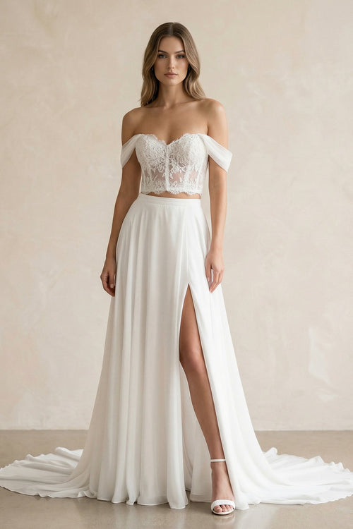 Two - Piece Chiffon Off - the - Shoulder A - Line Wedding Dress in White - SHE IS ME Wedding Dresses