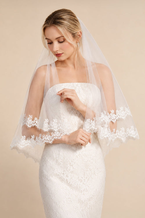 Two Tier Wedding Veils Hip Length Lace Hem Bridal Veil in Ivory - SHE IS ME Wedding Veils