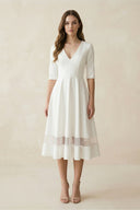 V - Neck A - Line Satin Short Sleeves Wedding Dress in White - SHE IS ME Wedding Dresses