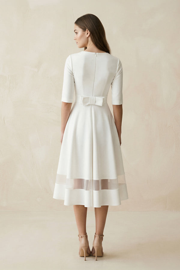 V - Neck A - Line Satin Short Sleeves Wedding Dress in White - SHE IS ME Wedding Dresses