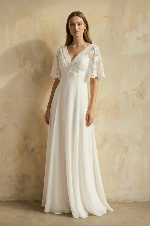 V Neck A Line Short Sleeves Chiffon Wedding Dress in Ivory - SHE IS ME Wedding Dresses
