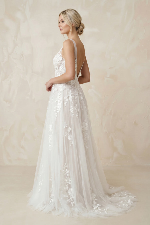 V - Neck A - Line Tulle Appliqued Maxi Wedding Dress in White - SHE IS ME Wedding Dresses