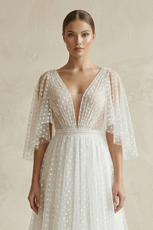 V Neck A - Line Tulle Ruched Wedding Dress With Polka Dot in White - SHE IS ME Wedding Dresses
