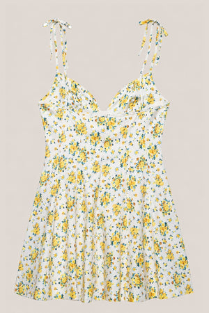 V - Neck A - Line Vintage Rose Printed Cotton Mini Dress in Yellow - SHE IS ME Dresses