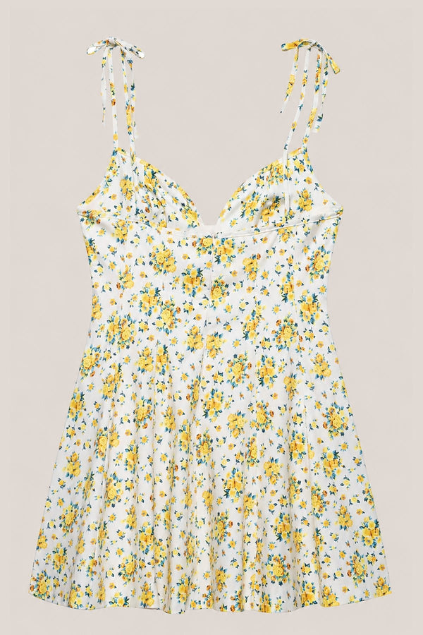 V - Neck A - Line Vintage Rose Printed Cotton Mini Dress in Yellow - SHE IS ME Dresses