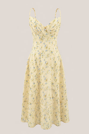 V-Neck A-Line Warm Rose Print Cotton Mini Dress in Yellow– SHE IS ME Dresses