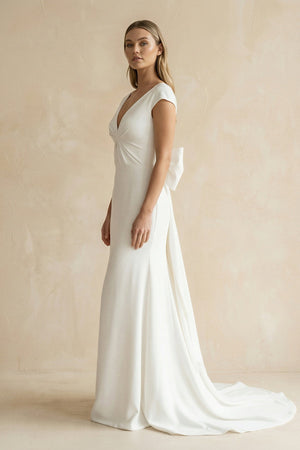 V - Neck Cap Sleeve Mermaid Ruched Satin Wedding Dress in White - SHE IS ME Wedding Dresses