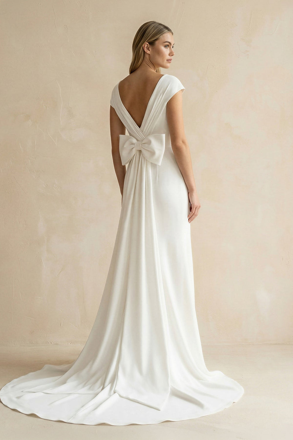 V - Neck Cap Sleeve Mermaid Ruched Satin Wedding Dress in White - SHE IS ME Wedding Dresses