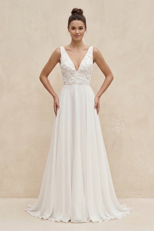 V - Neck Chiffon A - Line Appliqued Wedding Dress in White - SHE IS ME Wedding Dresses