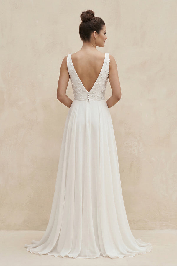 V - Neck Chiffon A - Line Appliqued Wedding Dress in White - SHE IS ME Wedding Dresses