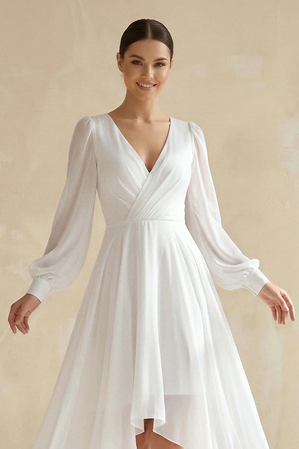 V - Neck Chiffon A - Line Asymmetrical Wedding Dress in White - SHE IS ME Wedding Dresses