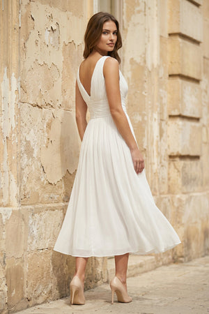 V - Neck Chiffon A - Line Midi Wedding Dress in White - SHE IS ME Wedding Dresses