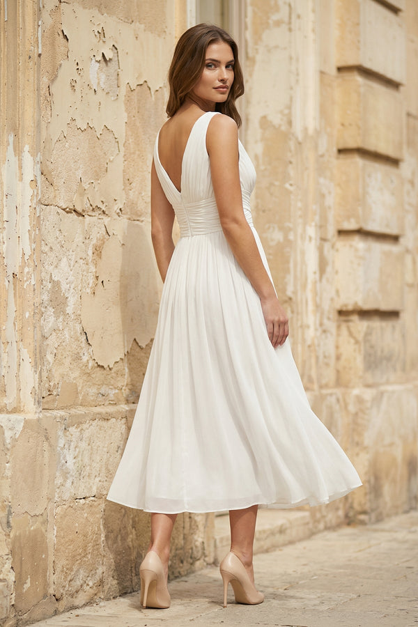 V - Neck Chiffon A - Line Midi Wedding Dress in White - SHE IS ME Wedding Dresses