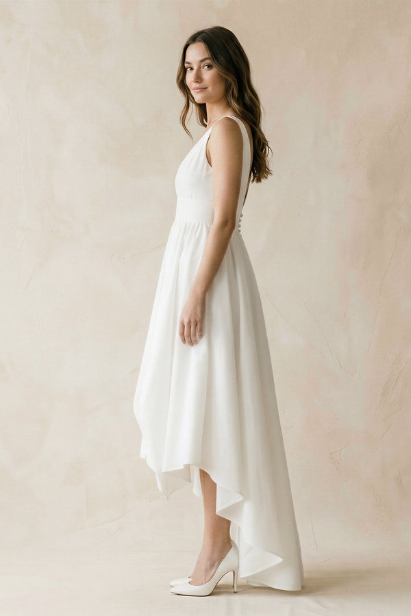 V - Neck Chiffon High - Low Chiffon Wedding Dress in White - SHE IS ME Wedding Dresses