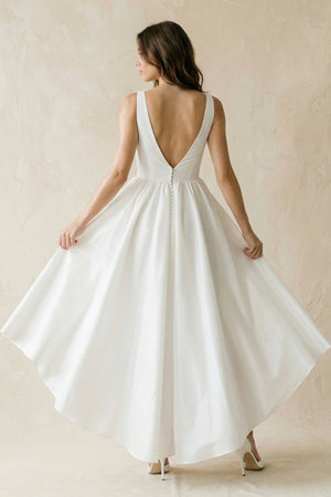 V - Neck Chiffon High - Low Chiffon Wedding Dress in White - SHE IS ME Wedding Dresses