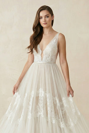 V - Neck Lace A - Line Tulle Wedding Dress in White - Nude - SHE IS ME Wedding Dresses