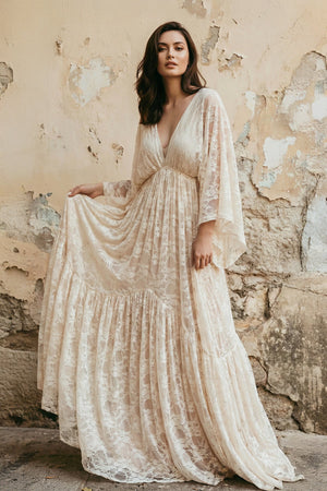 V Neck Long Sleeves Lace Wedding Dress - SHE IS ME Wedding Dresses