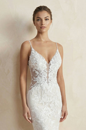 V Neck Mermaid Lace Appliqued Wedding Dress in White - SHE IS ME Wedding Dresses