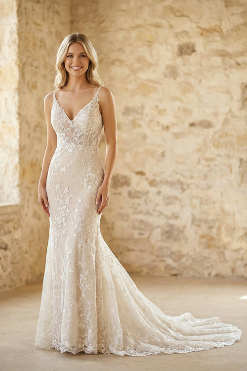 V Neck Mermaid Lace Wedding Dress in White and Nude - SHE IS ME Wedding Dresses