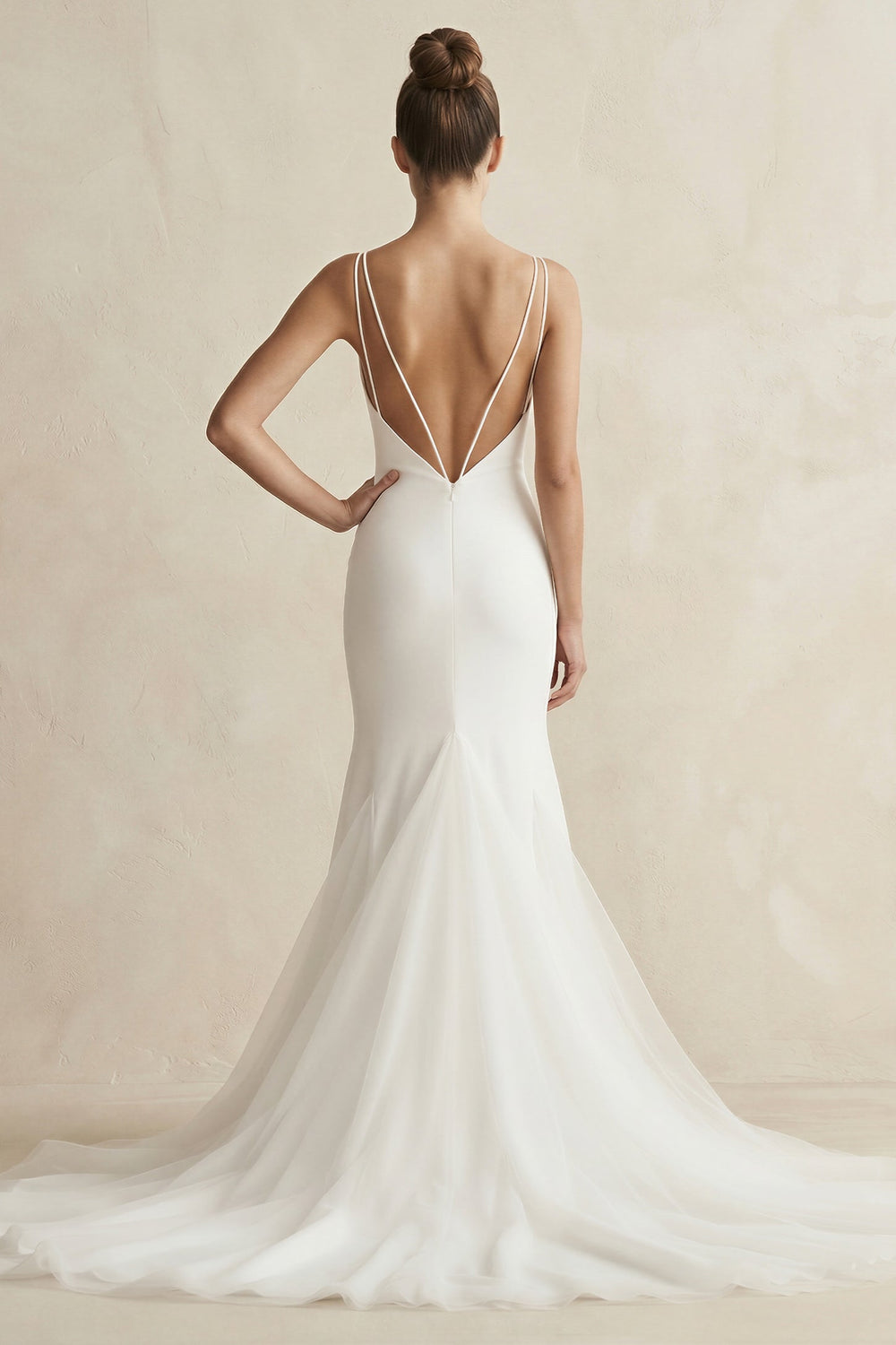 V - Neck Mermaid Satin Ruched Wedding Dress in White - SHE IS ME Wedding Dresses