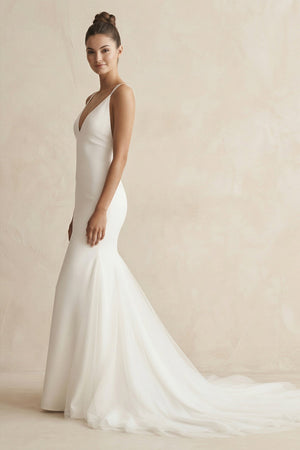 V - Neck Mermaid Satin Ruched Wedding Dress in White - SHE IS ME Wedding Dresses