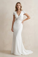 V Neck Mermaid Short Sleeves Satin Wedding Dress in White - SHE IS ME Wedding Dresses