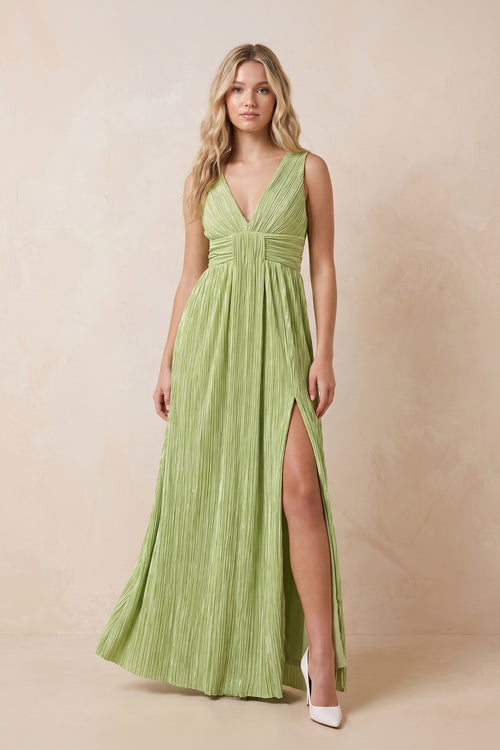 V-Neck Pleated Chiffon Maxi Dress with Slit in Matcha – SHE IS ME Dresses