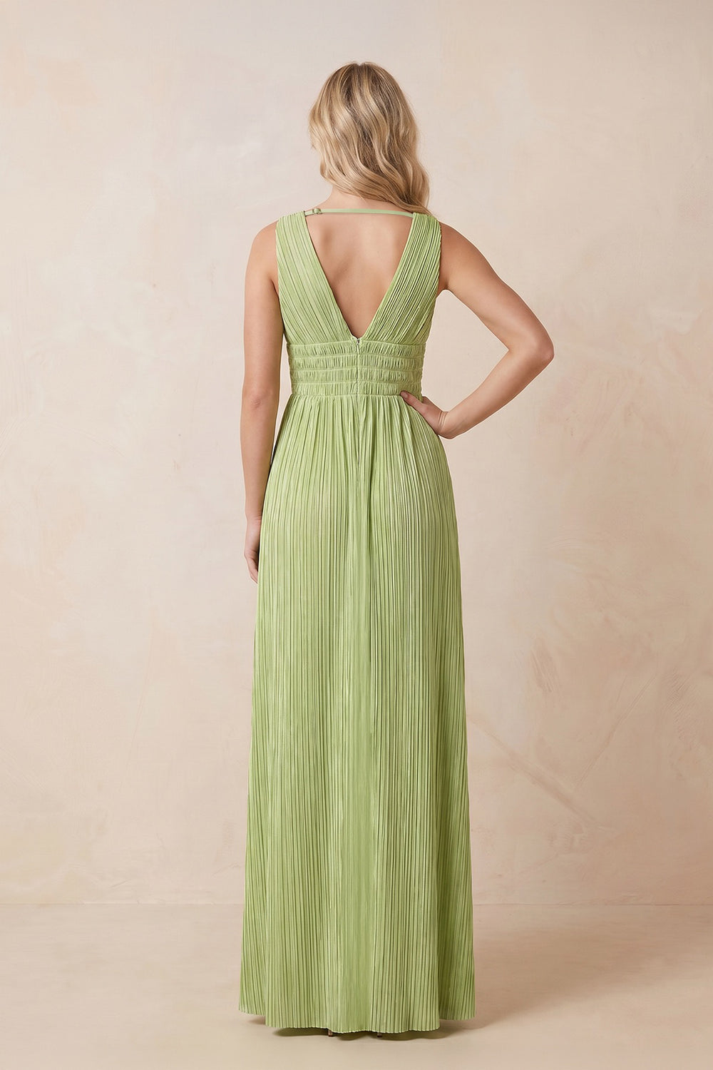 V-Neck Pleated Chiffon Maxi Dress with Slit in Matcha – SHE IS ME Dresses