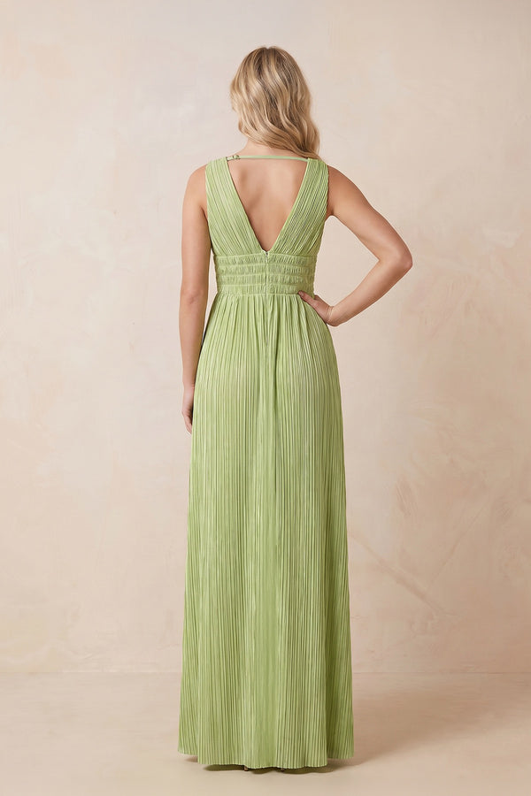 V-Neck Pleated Chiffon Maxi Dress with Slit in Matcha – SHE IS ME Dresses