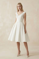 V - Neck Satin A - Line Midi Beaded Wedding Dress in White - SHE IS ME Wedding Dresses