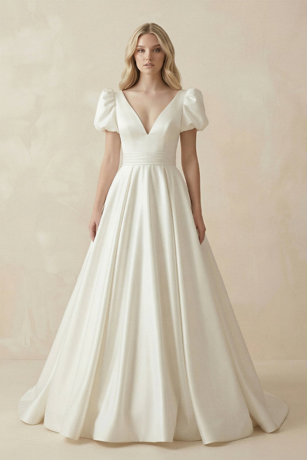 V - Neck Satin A - Line Ruched Wedding Dress with Puff Sleeves in White - SHE IS ME Wedding Dresses