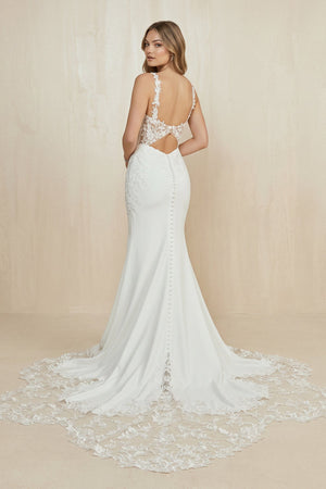 V Neck Satin Mermaid Appliqued Wedding Dress in White - SHE IS ME Wedding Dresses