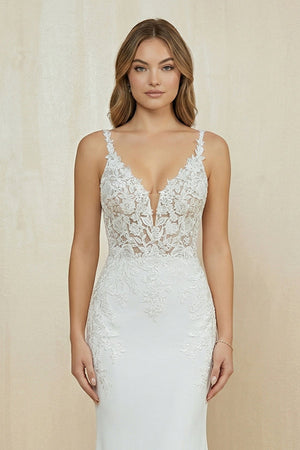 V Neck Satin Mermaid Appliqued Wedding Dress in White - SHE IS ME Wedding Dresses