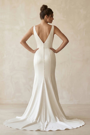 V - Neck Satin Mermaid Maxi Wedding Dress in White - SHE IS ME Wedding Dresses