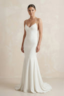 V - Neck Satin Mermaid Ruched Wedding Dress in White - SHE IS ME Wedding Dresses
