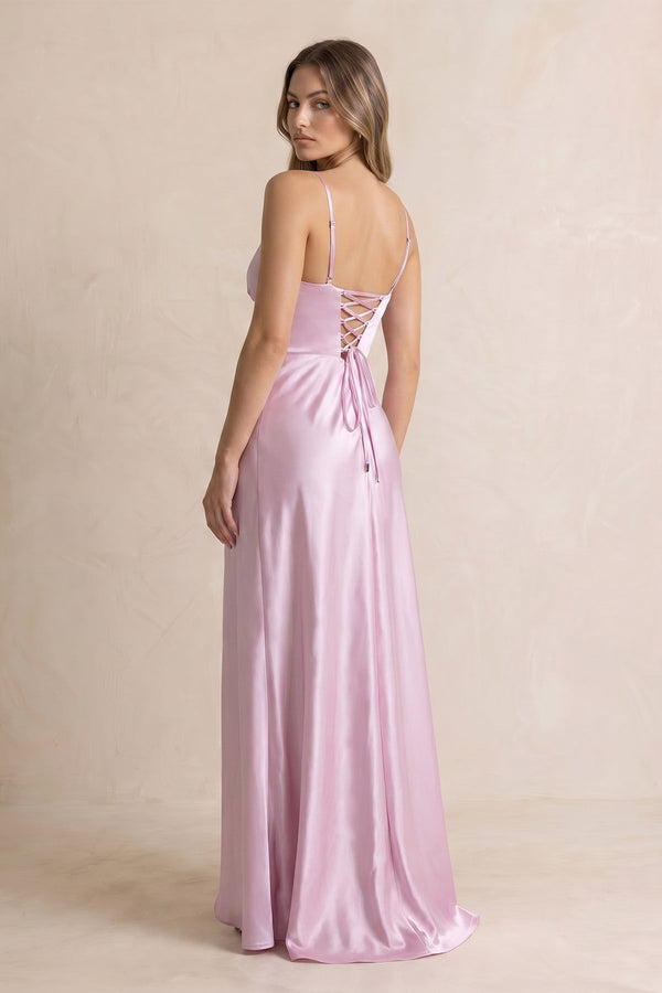 V Neck Satin Sheath Prom Dress With Slit in Lavender - SHE IS ME PROM DRESSES