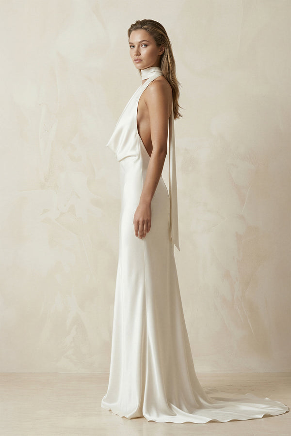 V - Neck Satin Sheath Wedding Dress With Side Slit in Ivory - SHE IS ME Wedding Dresses