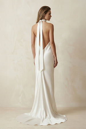 V - Neck Satin Sheath Wedding Dress With Side Slit in Ivory - SHE IS ME Wedding Dresses