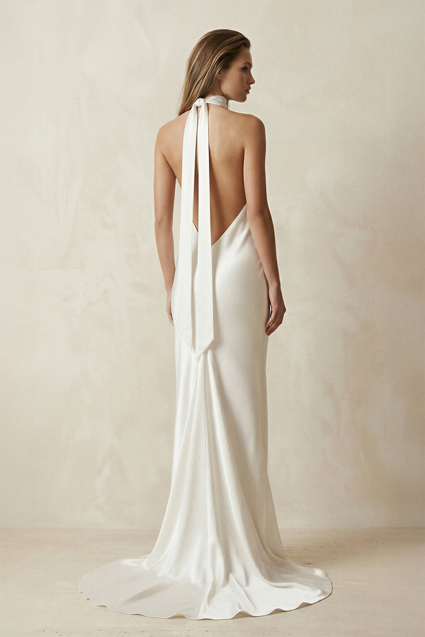 V - Neck Satin Sheath Wedding Dress With Side Slit in Ivory - SHE IS ME Wedding Dresses